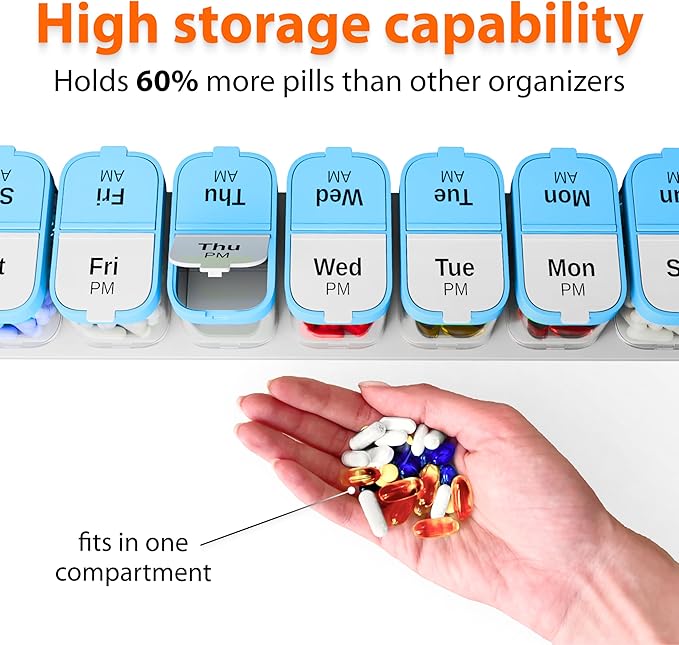 Extra Large Weekly Pill Organizer - XL Vitamin Holder with 7 Detachable AM PM Compartments - Portable Medicine Dispenser for Home and Travel, Big Supplement Container for Weekly or Daily Use, Blue