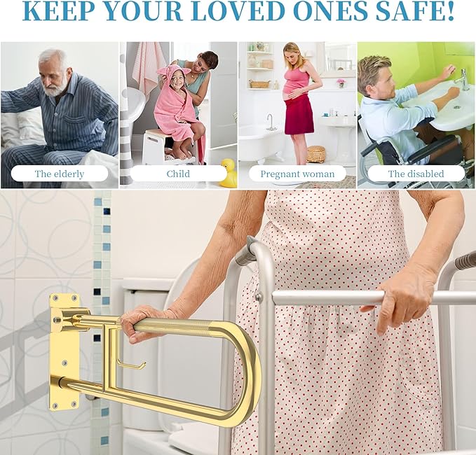 Toilet Grab Bar 30.3 Inch Gold, Munzong Anti-Slip Handicap Grab Bars with Paper Holder, Flip-Up Bathroom Safety Rails, Stainless Steel Knurled Support handrails for Seniors Elderly Disabled Pregnant