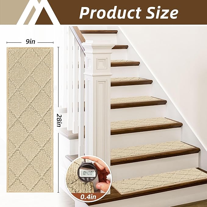 COSY HOMEER Stair Treads for Wooden Steps 9"x28",Washable Non Slip Carpet Stair Treads with Reusable Residue Free Backing Soft Peel and Stick Stair Runner Rugs for Kids Elders Pets,Warm Beige,15pcs