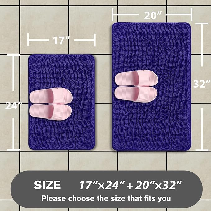 Royal Blue Bathroom Rugs Sets 2 Piece – Absorbent and Washable Bath Mat, Non-Slip, Thick Soft Chenille Bath Rugs for Bathroom Floor, Shower, Sink - 17" x 24"+20" x 32"