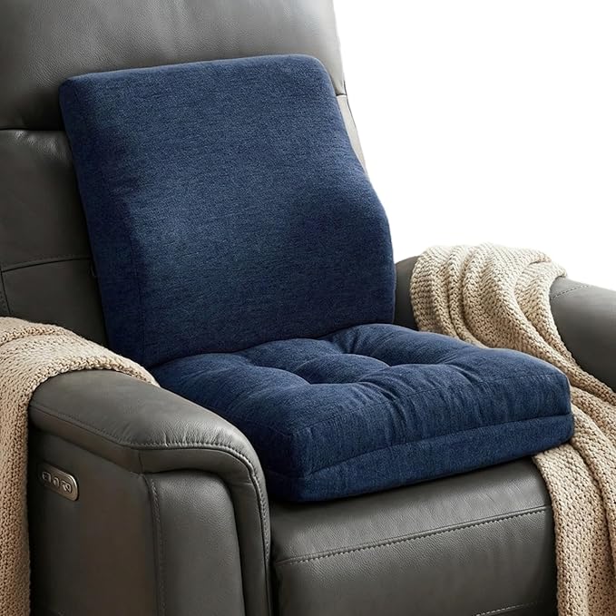 baibu Memory Foam Small Recliner Cushions with Lumbar Support Pillow Set, 18x16x4 Inch Dual-Layer Design Non-Slip Recliner Seat Cushion & Back Support Pillow for Reduce Hip & Lumbar Pain, Navy Blue
