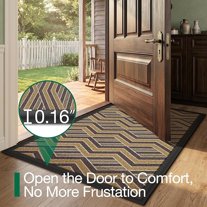 LUMI Front Door Mat 17x30, Low-Profile Non-Slip Welcome Mat for Indoor Outdoor, Stain & Fade Resistant Geometric Door Mat for Entryway Patio Porch, Zig-Amber