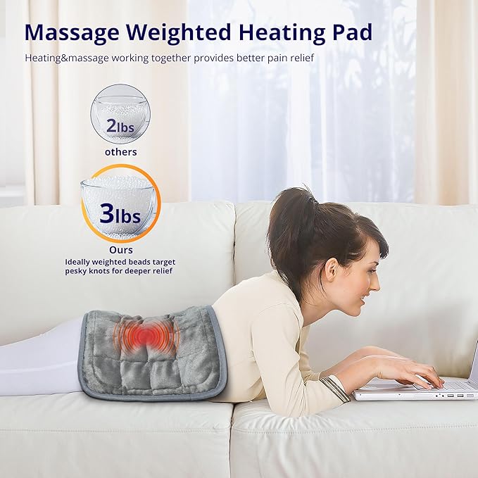 Heating Pad, Weighted Heating Pad with Massaging Vibrations, 6 Heat Settings & 4 Massage Modes,Soothing Warmth for Back & Shoulders, 12" x 24",Silver Gray
