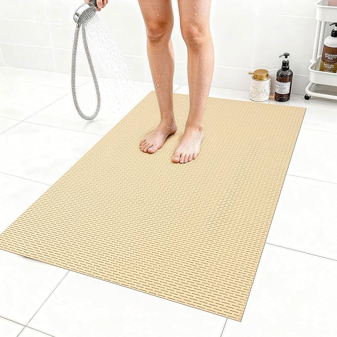 Extra Large Non-Slip Shower Mat, Fast-Dry PVC Bath Stall & Tub Mat, Drain-Hole Design,for Shower Stall Tub for Elderly/Kids，Non Slip Bathroom Safety Accessory，Beige 32"x47"