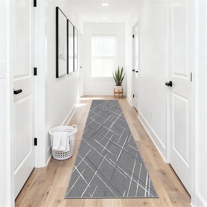 Gray Runner Rug Ultra Non-Slip 2x8 Washable Entryway Rug Modern Tear and Stain Resistance No Pile Hand-Woven Style Lightweight Runners for Hallways, Kitchen, Laundry Room, Bedside, Gray