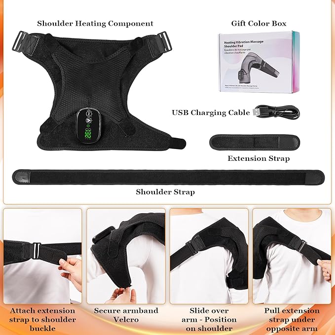 Cordless Shoulder Heating Pad & Massager, Electric Heated Shoulder Brace Wrap, Heating Pads for Rotator Cuff and Frozen Pain Relief,5000mAh Chargeable Powered, Men & Women, Black
