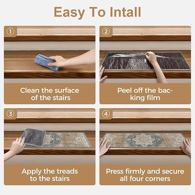 Non Slip Stair Treads for Wooden Steps 15PCS - 8"x30" Indoor Safety Carpet, Edging Mats with TPE Adhesive Backing, Pet and Elderly Friendly Stair Rugs (Blue Brown)