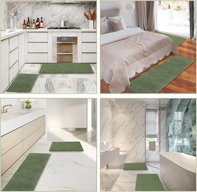 Loden Green Bathroom Rugs Sets 2 Piece – Absorbent and Washable Bath Mat, Non-Slip, Thick Soft Chenille Bath Rugs for Bathroom Floor, Shower, Sink - 20" x 32"+24" x 36"