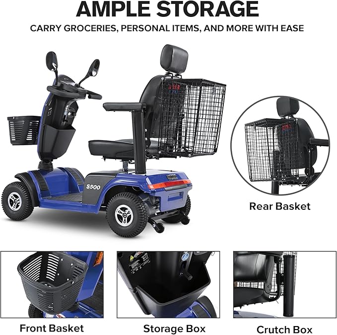 S500 4-Wheel Electric Mobility Scooter, Long-Range 52Ah Battery Up to 25 Miles, 500W Heavy-Duty Motor, 10” Pneumatic Tires, Adjustable Captain Seat, Storage Baskets for Seniors, Blue