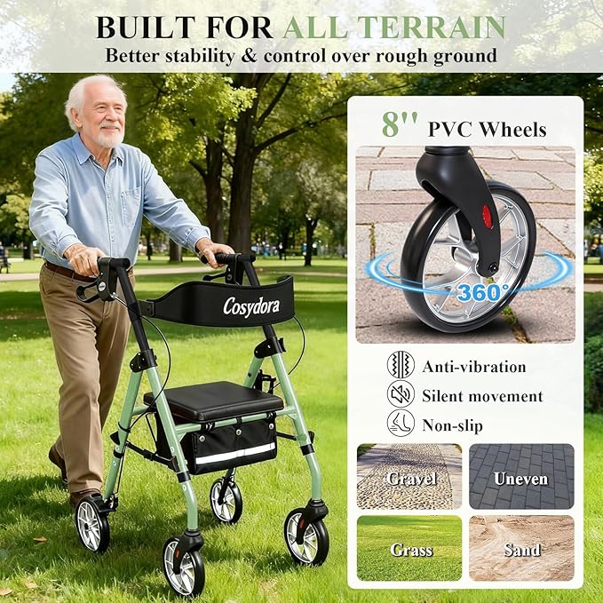Cosydora Rollator Walkers for Seniors with Seat, 13.6 Lbs Ultra Lightweight Foldable Rolling Walker, 350Lbs Heavy Duty Aluminum, 8" All Terrain Wheels, Dual Adjustable Height, Sage Green