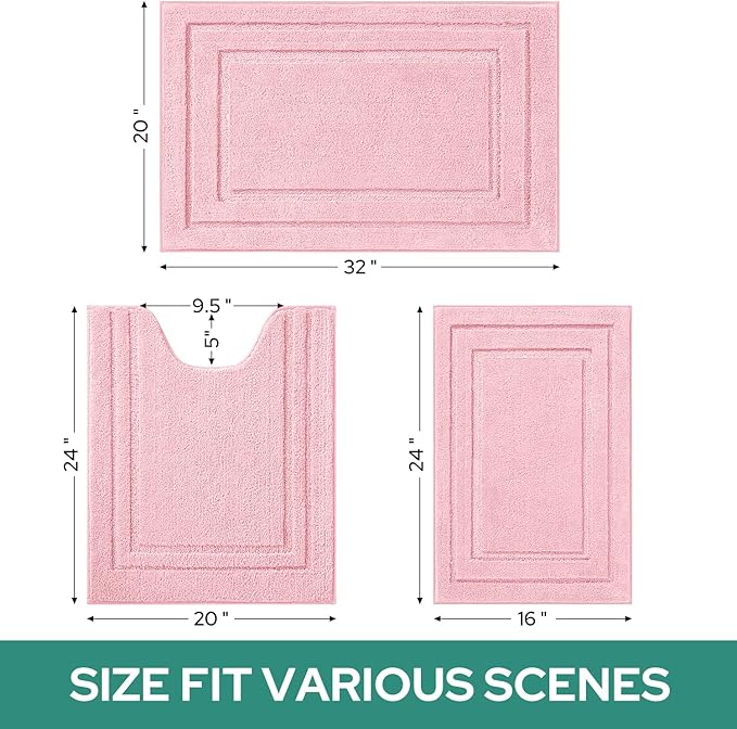 HOMEIDEAS Bathroom Rugs Sets 3 Piece, Super Soft and Absorbent Non Slip Microfiber Toilet Bath Mat with U-Shaped (Light Pink)