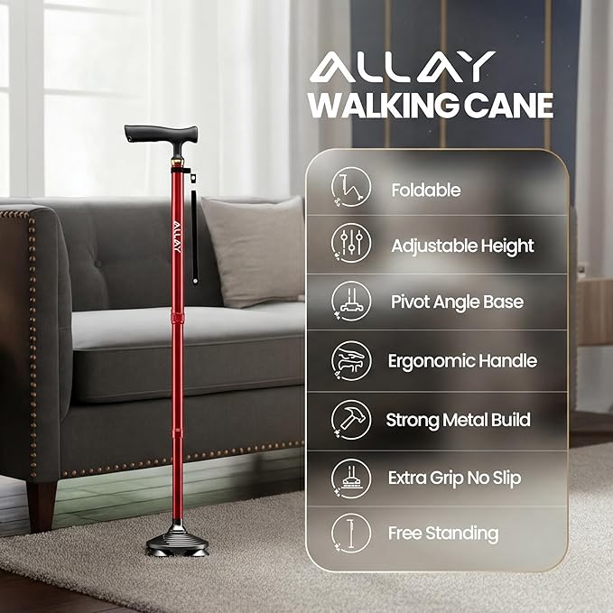 Allay Walking Canes for Men & Women - Adjustable Canes for Women for Stability, Self Standing Wide Quad Pivot Base, Light Weight, Soft Handle Grip and Travel Bag, Walking Sticks for Seniors & Adults