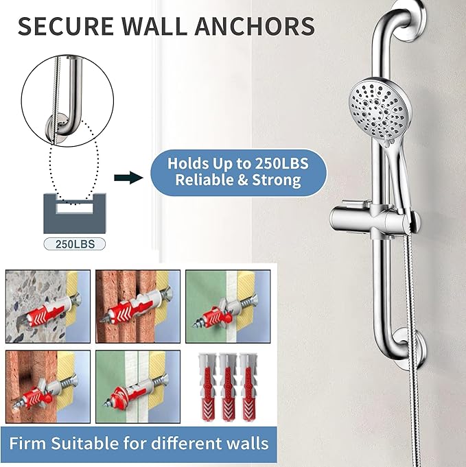 BRIGHT SHOWERS Stainless Steel Grab Bar Set – Includes Handheld Shower Head with Extra Long Hose, Shower Head and Hose Chrome Plated