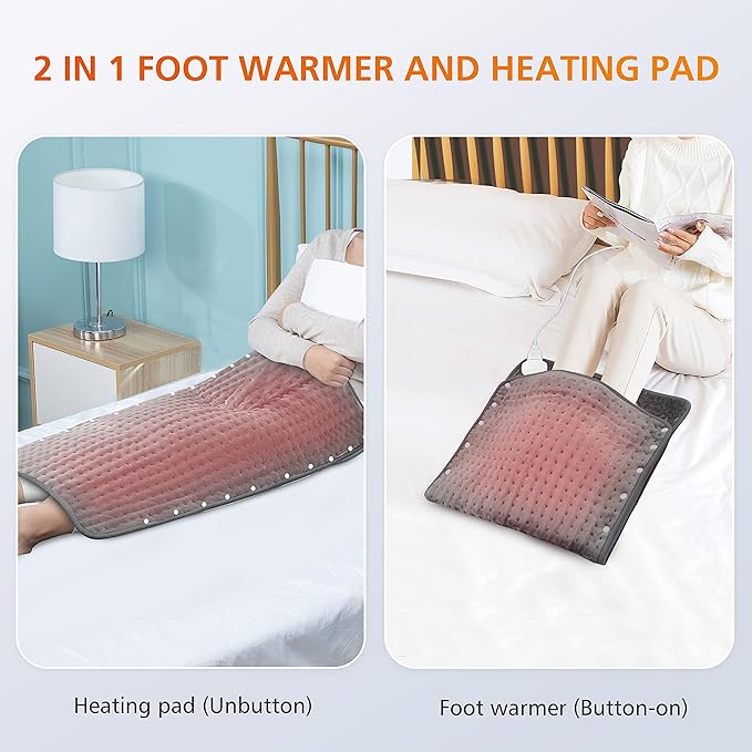 Snailax Heating Pad & Foot Warmer with 6 Temperature Settings & Auto Shut Off, 17”x33”, Washable Fast Heated Pads for Back Pain Relief,Abdomen,Feet,Back,Cramp(Grey)