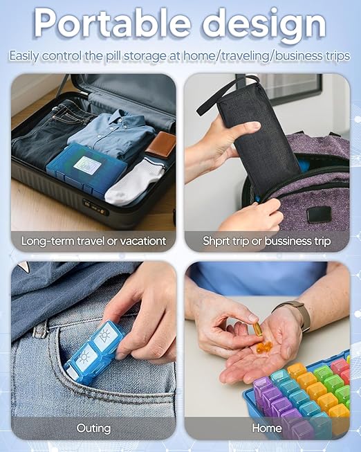 Monthly Pill Organizer 2 Times a Day, FRIWOLE Medicine Box with Portable Weekly Pill Bag, Pill Taker Remover, Pill Cutter and 2 Sticker(Blue, 2 Times a Day)