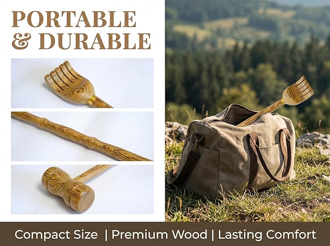 2 in 1 Wooden Back Scratcher and Massager Hammer, Long Handle Manual Back Tapper for Itching Relief, Muscle Relaxer for Back Neck Shoulder, Portable Handheld Massage Tool for Adults Elderly