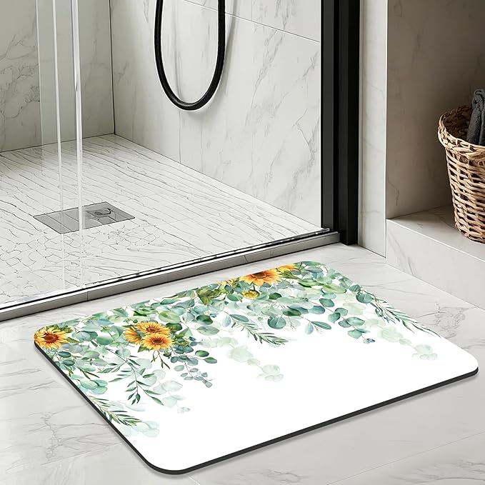 Quick Dry Bath Mat for Bathroom,Super Absorbent Green Eucalyptus Leaves Bath Rug Non-Slip Rubber Backing,Machine Washable Bathroom Floor Mat for Shower, Tub, Sink Area Sunflower Watercolor 16x24