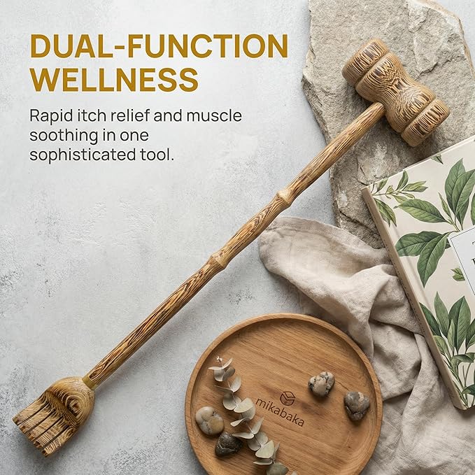 2 in 1 Wooden Back Scratcher and Massager Hammer, Long Handle Manual Back Tapper for Itching Relief, Muscle Relaxer for Back Neck Shoulder, Portable Handheld Massage Tool for Adults Elderly