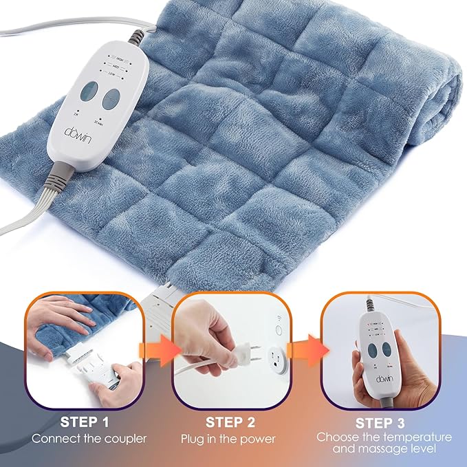 Weighted Heating Pad with 2 Massager,Vibrating Heating Pads for for Back &Neck Pain Cramps 12"x24",3 Heat Levels,9 Massage Modes,2Hrs Auto-Off,Fathers Day Gift (XL Blue)