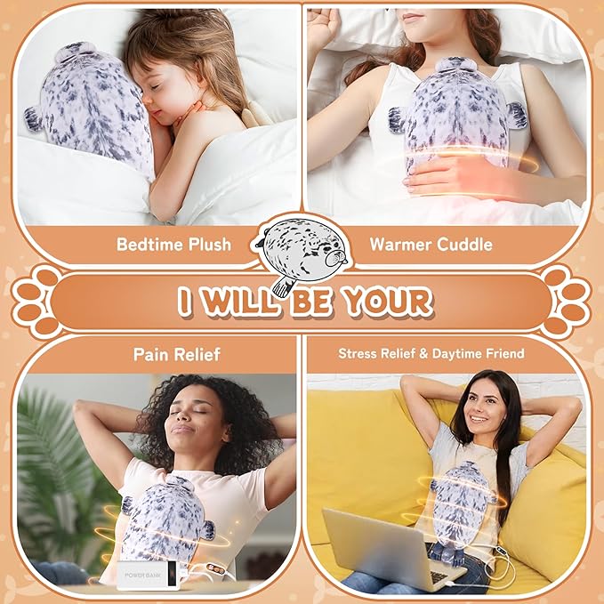 Electric Heating Pad for Period Cramps, Cuddly Soft 14" Seal Plush with a Hot Soft Belly USB Powered, Menstrual Heating Pad Neck Shoulder Pain Relief, Gift for Daughter Wife Period Heating Pad