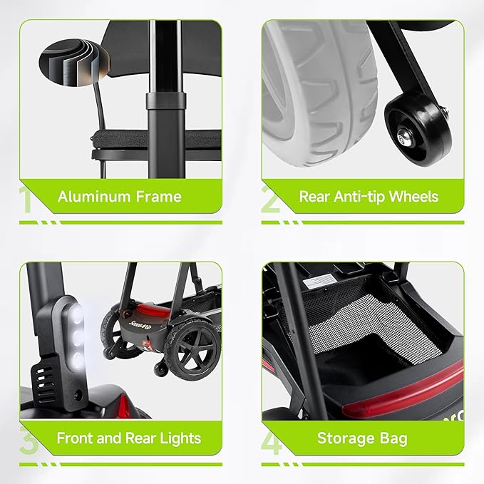SCOOTNGO Mobility Scooters for Seniors, 4 Wheel Foldable Lightweight Airline Approved Mobility Scooter for Adults, Dual Batteries, Portable, No Assembly Needed (Black Red, with Folding Trailer)