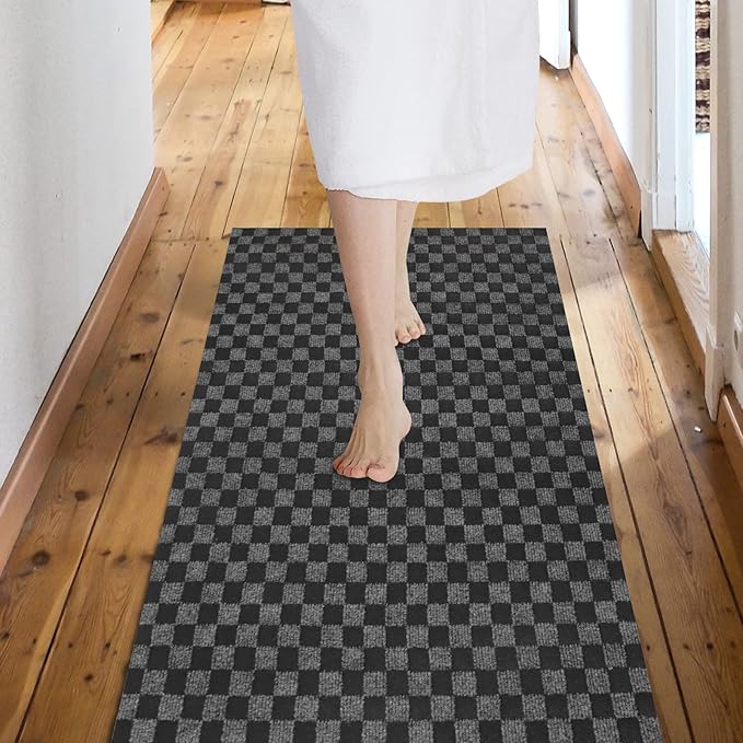 Custom Size Backed Non-Slip Area Rugs Runner, Easy Clean, Waterproof Runner Rugs for Hallway Entryway, Kitchen, Laundry, 2FT x 72FT, Gray Checkered