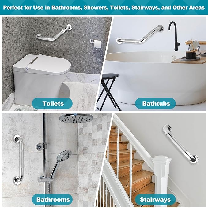Grab Bars for Bathtubs and Showers, 16-Inch and 12-Inch Anti-Slip Bathroom Shower Grab Bars for Seniors Wall, Safety Angled Handicap Grab Bars Stainless Steel, Shower Handle for Elderly, Wall