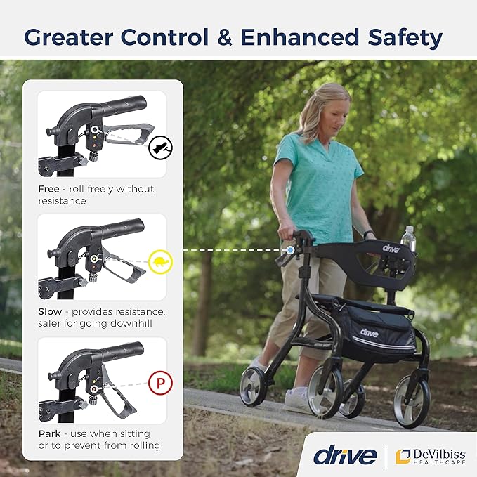 Drive Medical Nitro Sprint Foldable Rollator Walker with Seat - Lightweight Support - Large Wheels - Compact Folding Design - Adjustable Comfort - Standard Size - Black
