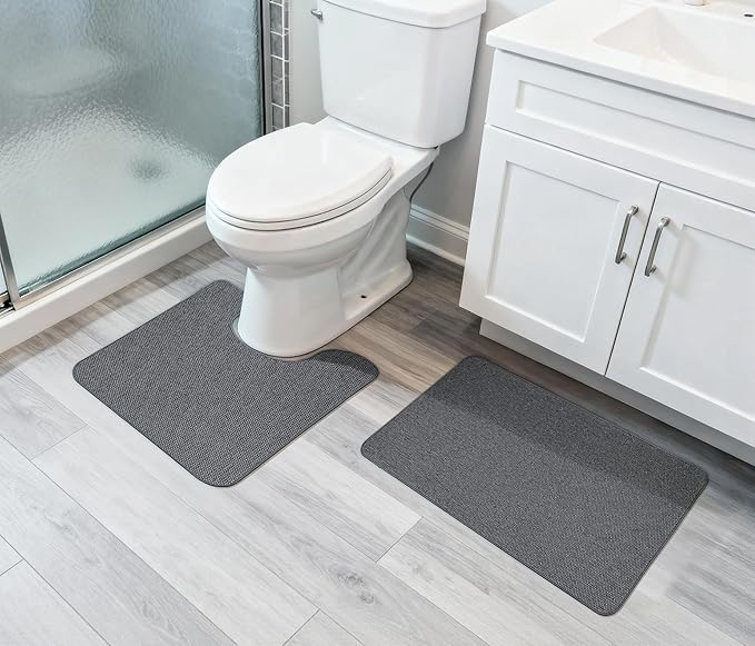Bosap Bathroom Rugs Set 2 Pieces,Thin Bathroom Mats,Toilet Rugs,Quick Dry,Non-Slip,Machine Washable,Low Pile,Absorbent Bath Mats,Shower,Sink,Home Decor Accessories.Dark Grey,1'5"x2'3"+1'8"x2" U Shape