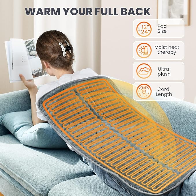 Heating Pad - Electric Heating Pad for Back Pain and Cramps Relief, Moist Heat Pad for Shoulder, Knee, Neck, 6 Heat Settings & Auto Shut Off and Machine Washable, 24" x 12"