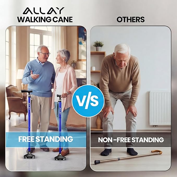 Allay Walking Canes for Men & Women - Adjustable Canes for Women for Stability, Self Standing Wide Quad Pivot Base, Light Weight, Soft Handle Grip and Travel Bag, Walking Sticks for Seniors & Adults