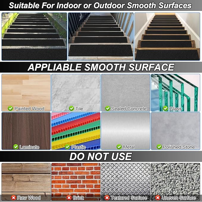 SMILOOL Outdoor Stair Treads Non-Slip Step Strips for Wooden Steps 10 Pack 6” x 24” Anti Slip Grip Tape Precut for Outside Stairs, Non Skid Stair Tread Mats Weather Resistant for Outdoors, Black