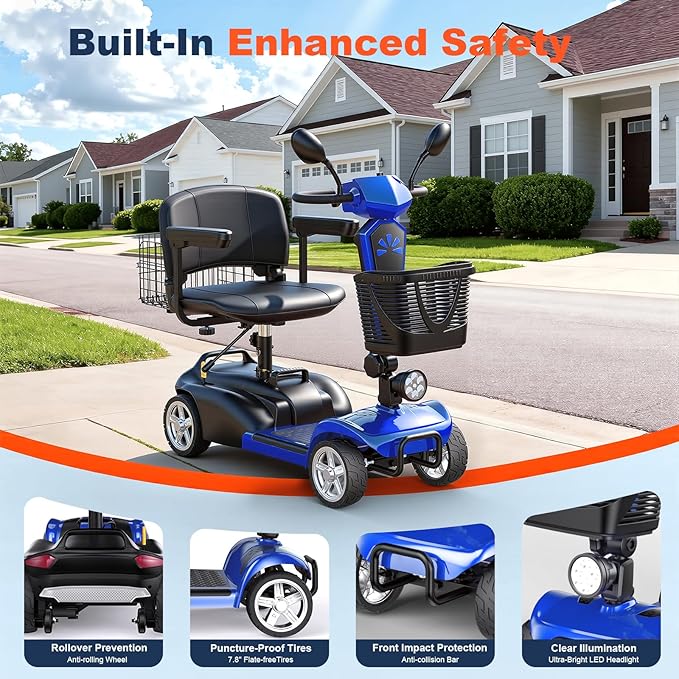 15/25/30/50Miles Eldryvon 4 Wheels Electric Mobility Scooter for Seniors, Dual Basket, 350W Powered Wheelchair with Rotating Seat, Mirrors, Foldable Motorized Scooter for Adults (Blue, 15Miles)