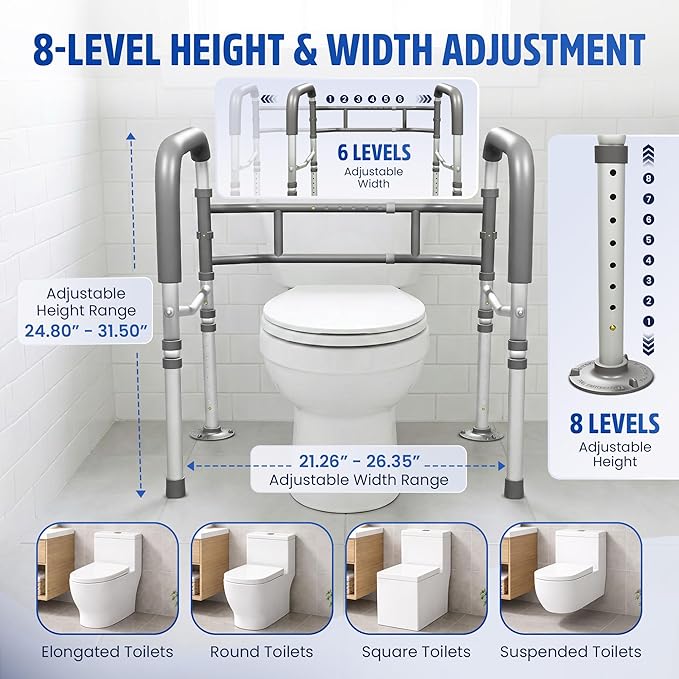 Toilet Safety Rails for Seniors 350lb, Adjustable Height & Width Toilet Bars for Elderly | Foldable Non-Slip Handicapped Toilet Safety Frame, Reinforced 2 C-Clamp Stability – Fits Most Toilets