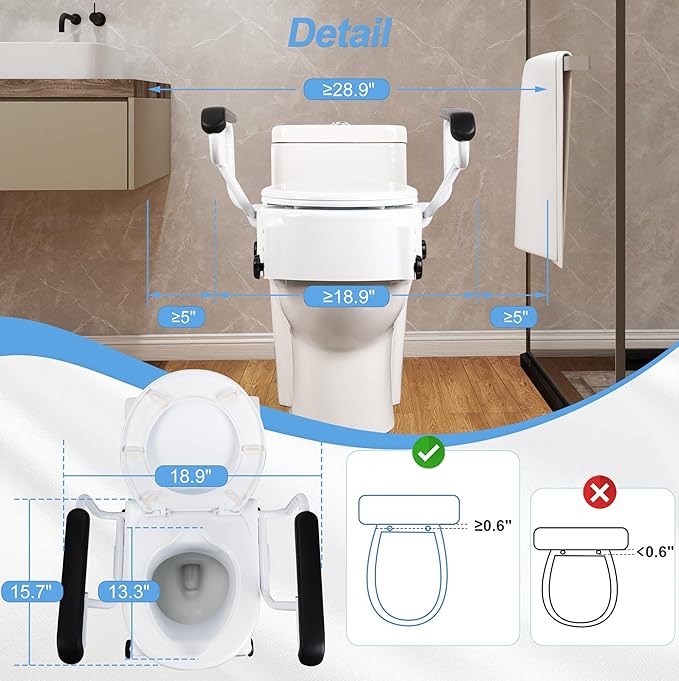 Raised Toilet Seat for Seniors with Flip-up Handles, 5.9" Adjustable Toilet Seat Riser Elevated Medical Supplies & Equipment for Handicap, Elderly, Hip Replacement After Surgery