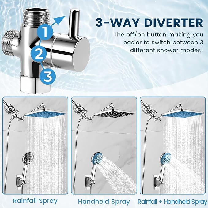 Filtered Shower Head with Handheld Combo,11.8 Inch Large Rectangular Chrome Rain Shower Head with 5 Modes Handheld Spray Combo,Adjustable Double Shower Heads with Holder and 11'' Extension Arm