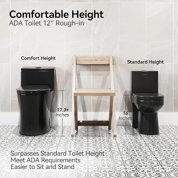 HOROW T0338WB Elongated One Piece Toilet Black, Compact Modern Toilet with Comfortable Seat Height, ADA Chair Height 17.3", Power Dual Flush 0.8/1.28 GPF, Matte Black, 12" Rough-in
