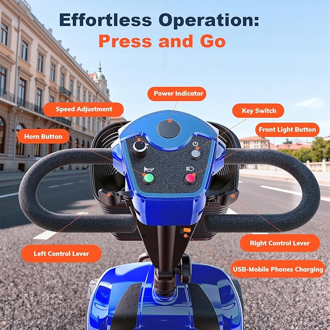15/25/30/50Miles Eldryvon 4 Wheels Electric Mobility Scooter for Seniors, Dual Basket, 350W Powered Wheelchair with Rotating Seat, Mirrors, Foldable Motorized Scooter for Adults (Blue, 25Miles)