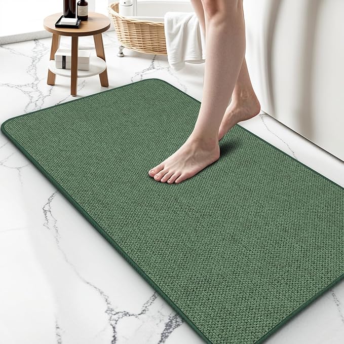 Upgraded Bath Mat 24x48Inch, Thin Bath Mats Rugs with Rubber Backing Non-Slip, Absorbent,Quick Dry Machine Washable, Home Decor Accessories Cozy Cloth Bathroom Rugs fit Under Door/Sink/Tub-Green
