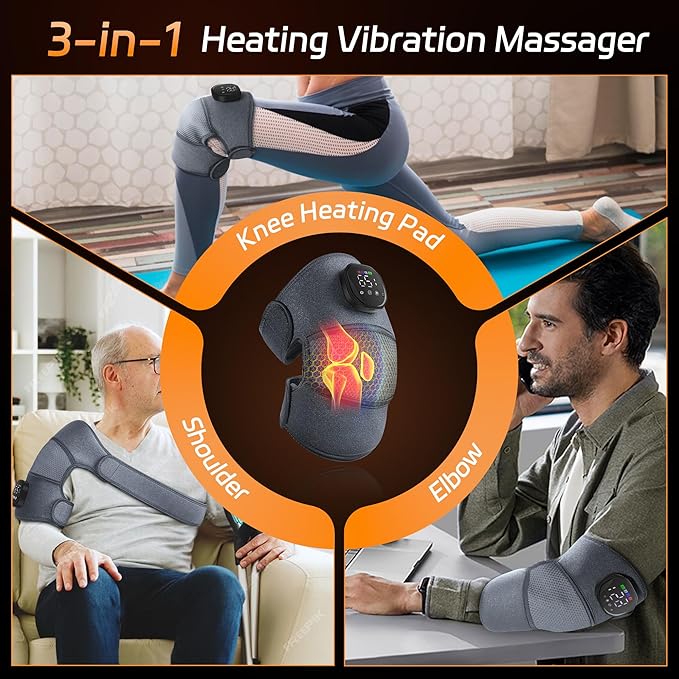 Knee Massager with Heat and Vibration, Cordless Heating Pad for Knee, 3-in-1 Massager for Knee Shoulder Elbow, Portable Washable Heated Knee Brace for Arthritis, with 2 Extension Straps