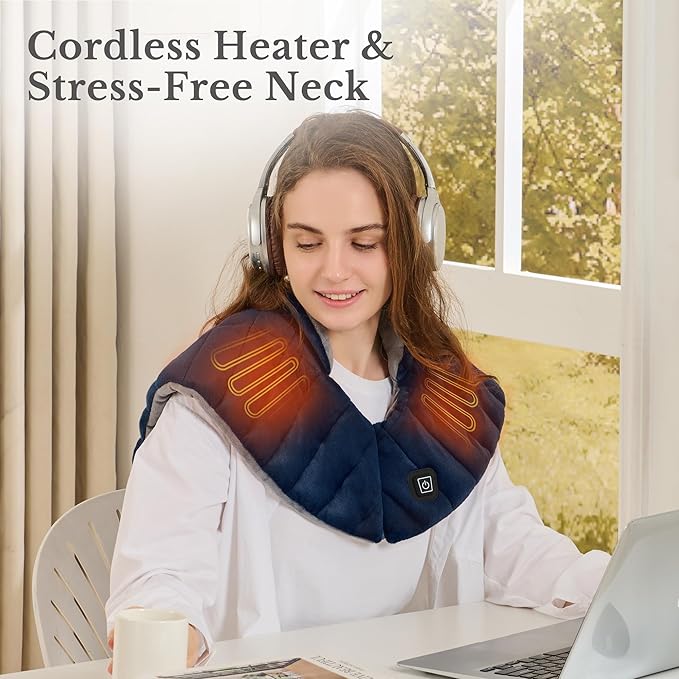 Portable Cordless Heating Pad for Neck, Shoulders & Back - Rechargeable Battery Operated Heating Pad with 3 Heat Settings, Birthday Gift for Women, Weighted Neck Warmer for Pain Relief (Navy Blue)