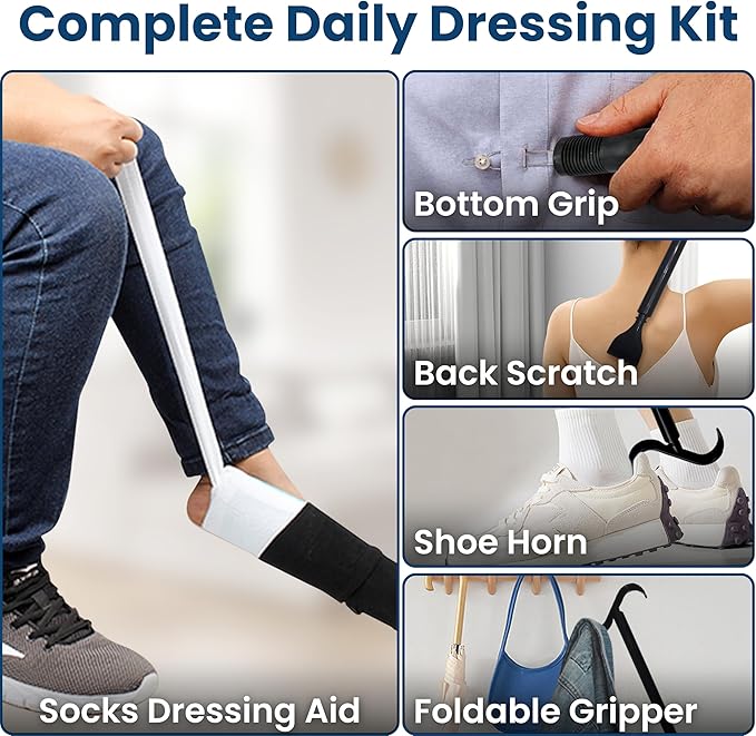 Premium 3 Dressing Aid Kit Shoe Horn Sock Aids for Putting on Long Handle Helper Seniors Assistant Device No Bending Disability Tool Pregnancy Scratcher Zipper Button Limited Mobility