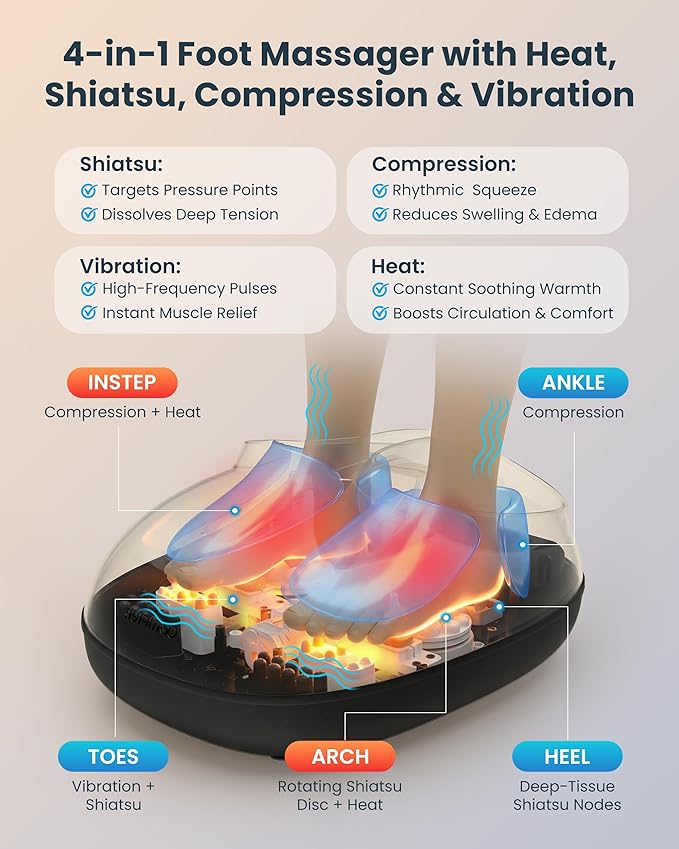 COMFIER 4-in-1 FSA Eligible HSA Shiatsu Foot Massager with Heat, Compression & Vibration, Smoth Warmth for 3 Levels, Toe Touch Control, Large Size Fits Up to 14, Gifts for Mom Dad, Home Office