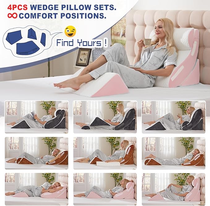 WSOFRLAC 4PC Geriatric Wedge Pillow System - Elderly Bed Wedges for Sitting/Sleeping, Post Surgery Body Positioner with Non-Slip Base (Ideal for Seniors & Pregnancy), White Pink