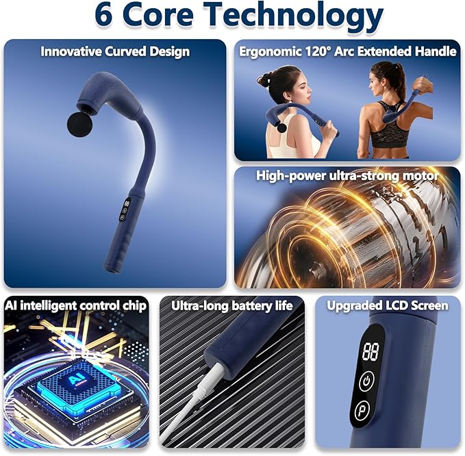 UFFAE Massage Gun with Upgraded Extension Handle, Back Massager for Pain Relief Deep Tissue, Muscles/Neck/Shoulders/Waist/Legs Massager with 4 Massage Heads & 6 Speed Levels & 3 Massage Modes, Blue