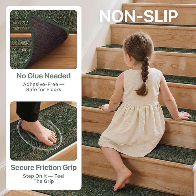 Non Slip Stair Treads for Wooden Steps 15PCS - 8"x30" Indoor Safety Carpet, Edging Mats with TPE Adhesive Backing, Pet and Elderly Friendly Stair Rugs (Dark Green/Multi)