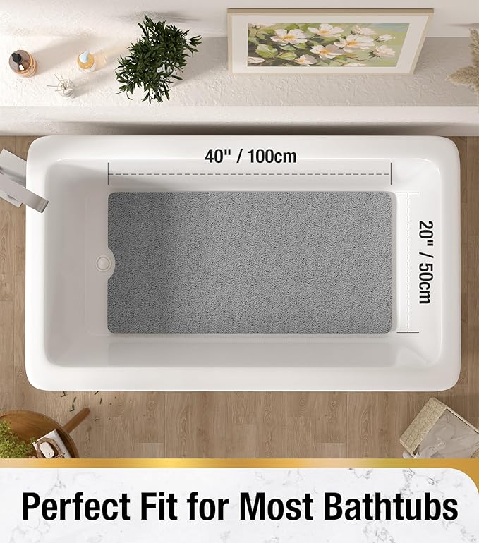 HITSLAM Non Slip Bathtub Mat 40 x 20 Inch, Extra Long Bath Mat for Tub, Soft PVC Loofah Shower Floor Mat with Drain, Quick Drying Bathroom Tub Mat for Wet Area, Without Suction Cup, Grey