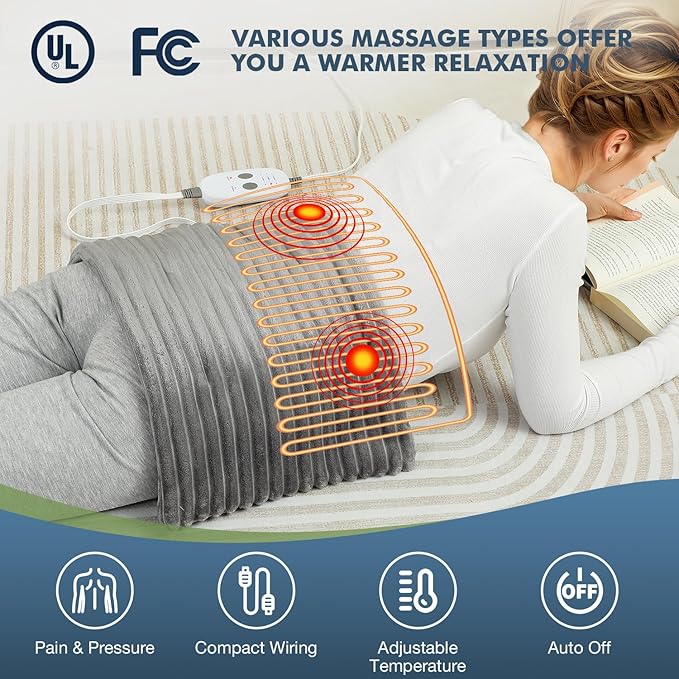 Far Infrared Heating Pad - Natural Jade Vibrating Massaging Weighted Heating Pad for Neck and Shoulders, Electric Heat Pad with 3 Heating Levels & 3 Vibrating Modes, 5lbs 12" x 24"