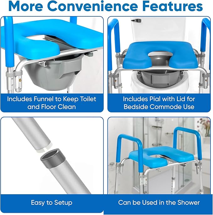 Ultimate Raised Toilet Seat with Handles - Adjustable Raised Toilet Seat for Seniors, Bedside Commode - Padded Armrest | Premium Elevated Toilets Seats with Handles for Elderly Bathroom Safety, Blue