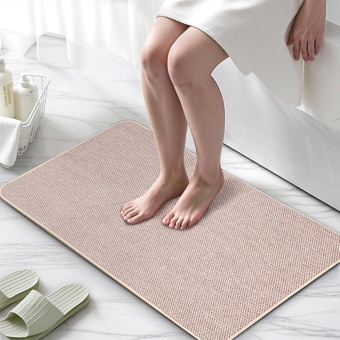 Upgraded Bath Mat 20x24Inch, Thin Bath Mats Rugs with Rubber Backing Non-Slip, Absorbent,Quick Dry Machine Washable, Home Decor Accessories Cozy Cloth Bathroom Rugs fit Under Door/Sink/Tub-Biege